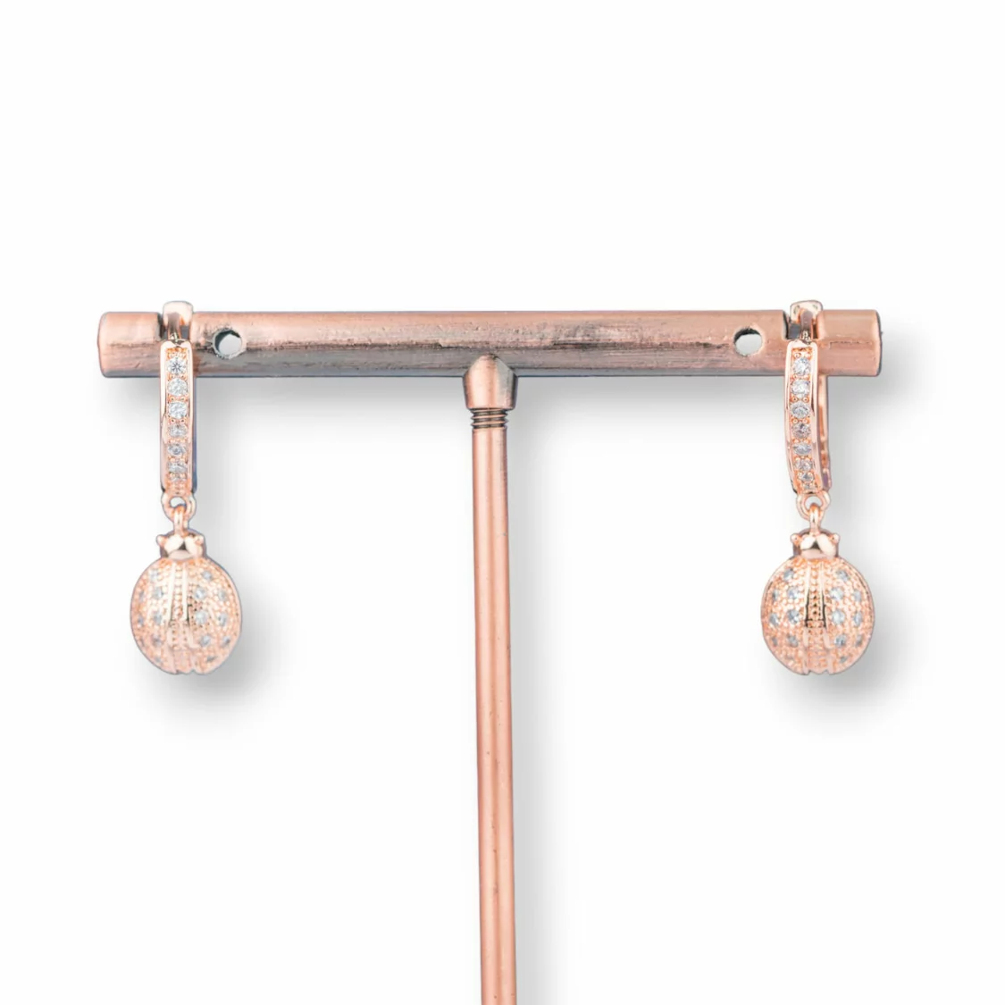 Orecchini Perno Di Bronzo Con Zirconi E Pendente Fantasia 9x26mm Coccinella Oro Rosa Bianco-ORECCHINI DI BRONZO E ZIRCONI | Worldofjewel.com