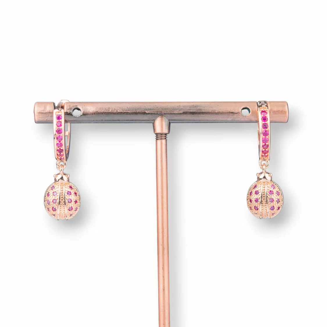 Orecchini Perno Di Bronzo Con Zirconi E Pendente Fantasia 9x26mm Coccinella Oro Rosa Rosa-ORECCHINI DI BRONZO E ZIRCONI | Worldofjewel.com