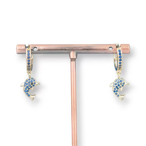 Orecchini Perno Di Bronzo Con Zirconi E Pendente Fantasia 9x26mm Delfino Dorato Blu-ORECCHINI DI BRONZO E ZIRCONI | Worldofjewel.com