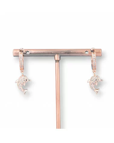 Orecchini Perno Di Bronzo Con Zirconi E Pendente Fantasia 9x26mm Delfino Oro Rosa Bianco-ORECCHINI DI BRONZO E ZIRCONI | Worldofjewel.com