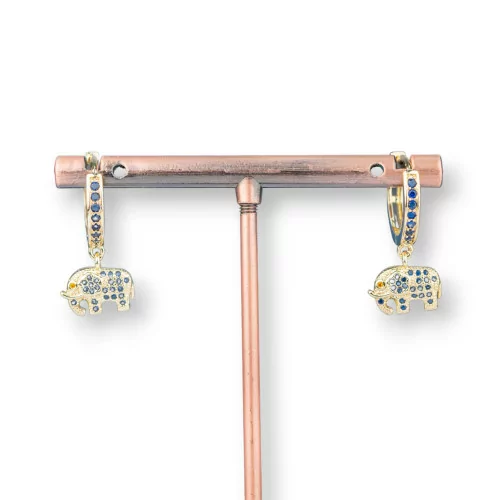 Orecchini Perno Di Bronzo Con Zirconi E Pendente Fantasia 9x26mm Elefante Dorato Blu-ORECCHINI DI BRONZO E ZIRCONI | Worldofjewel.com