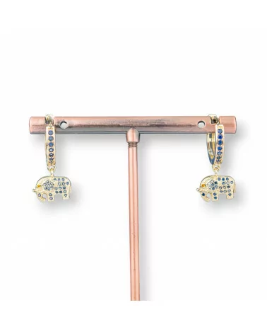 Orecchini Perno Di Bronzo Con Zirconi E Pendente Fantasia 9x26mm Elefante Dorato Blu-ORECCHINI DI BRONZO E ZIRCONI | Worldofjewel.com