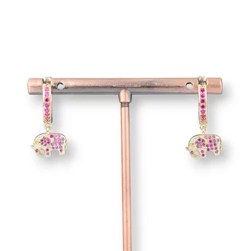 Orecchini Perno Di Bronzo Con Zirconi E Pendente Fantasia 9x26mm Elefante Dorato Rosa-ORECCHINI DI BRONZO E ZIRCONI | Worldofjewel.com