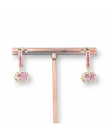 Orecchini Perno Di Bronzo Con Zirconi E Pendente Fantasia 9x26mm Elefante Dorato Rosa-ORECCHINI DI BRONZO E ZIRCONI | Worldofjewel.com