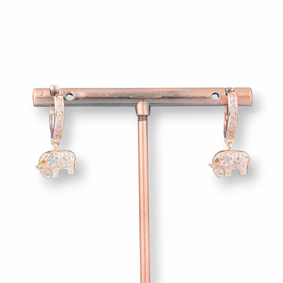 Orecchini Perno Di Bronzo Con Zirconi E Pendente Fantasia 9x26mm Elefante Oro Rosa Bianco-ORECCHINI DI BRONZO E ZIRCONI | Worldofjewel.com