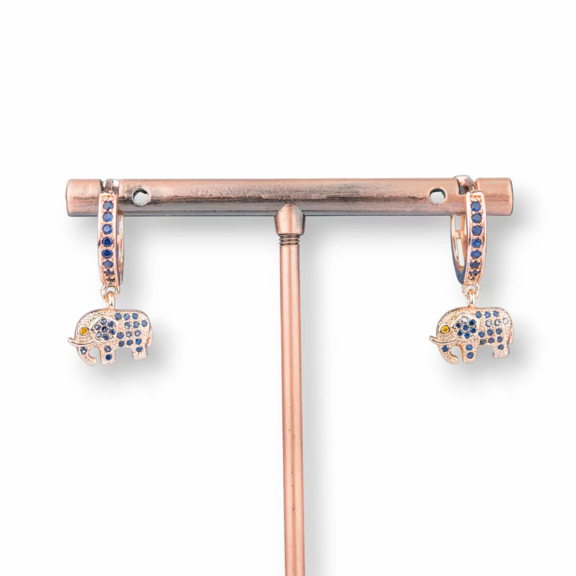 Orecchini Perno Di Bronzo Con Zirconi E Pendente Fantasia 9x26mm Elefante Oro Rosa Blu-ORECCHINI DI BRONZO E ZIRCONI | Worldofjewel.com