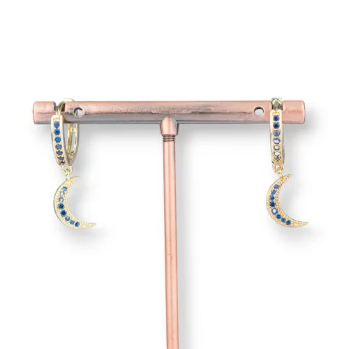 Orecchini Perno Di Bronzo Con Zirconi E Pendente Fantasia 9x26mm Luna Dorato Blu-ORECCHINI DI BRONZO E ZIRCONI | Worldofjewel.com