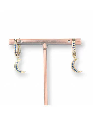 Orecchini Perno Di Bronzo Con Zirconi E Pendente Fantasia 9x26mm Luna Dorato Blu-ORECCHINI DI BRONZO E ZIRCONI | Worldofjewel.com