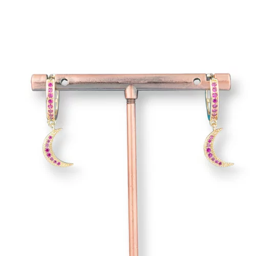 Orecchini Perno Di Bronzo Con Zirconi E Pendente Fantasia 9x26mm Luna Dorato Rosa-ORECCHINI DI BRONZO E ZIRCONI | Worldofjewel.com