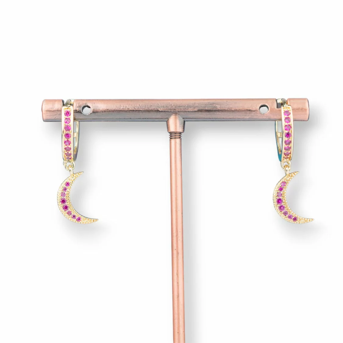 Orecchini Perno Di Bronzo Con Zirconi E Pendente Fantasia 9x26mm Luna Dorato Rosa-ORECCHINI HOT PICKS | Worldofjewel.com