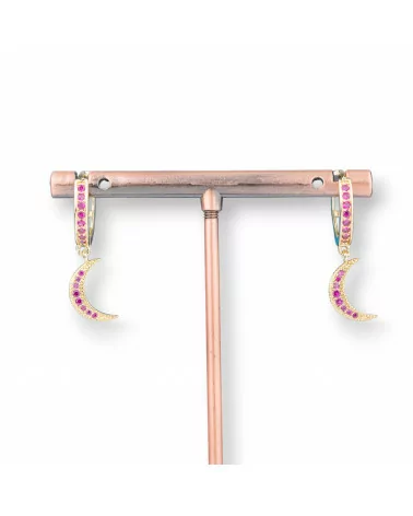 Orecchini Perno Di Bronzo Con Zirconi E Pendente Fantasia 9x26mm Luna Dorato Rosa-ORECCHINI DI BRONZO E ZIRCONI | Worldofjewel.com