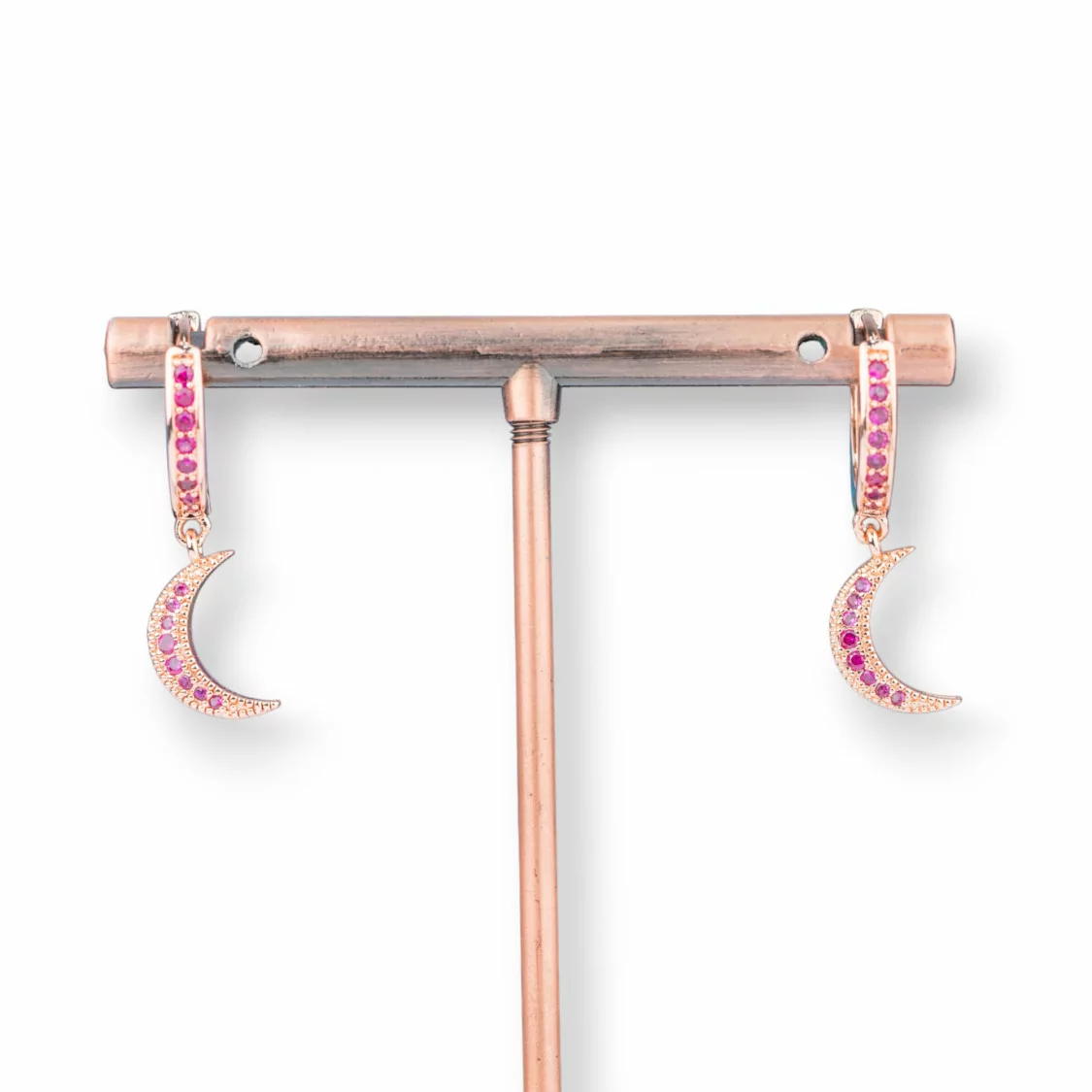 Orecchini Perno Di Bronzo Con Zirconi E Pendente Fantasia 9x26mm Luna Oro Rosa Rosa-ORECCHINI DI BRONZO E ZIRCONI | Worldofjewel.com