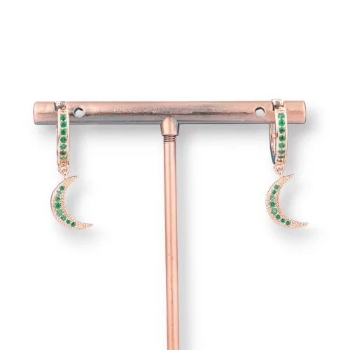 Orecchini Perno Di Bronzo Con Zirconi E Pendente Fantasia 9x26mm Luna Oro Rosa Verde-ORECCHINI DI BRONZO E ZIRCONI | Worldofjewel.com