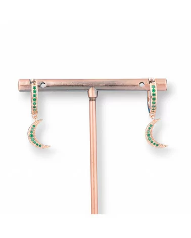 Orecchini Perno Di Bronzo Con Zirconi E Pendente Fantasia 9x26mm Luna Oro Rosa Verde-ORECCHINI DI BRONZO E ZIRCONI | Worldofjewel.com