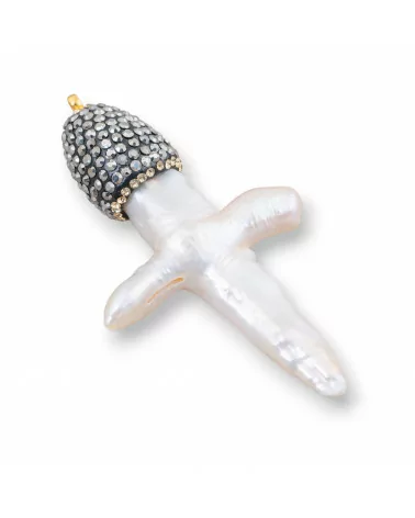 Pendente Di Perle Di Fiume A Croce Con Coppetta In Marcasite Strass 30-60mm 2pz-CIONDOLI DI OTTONE | Worldofjewel.com