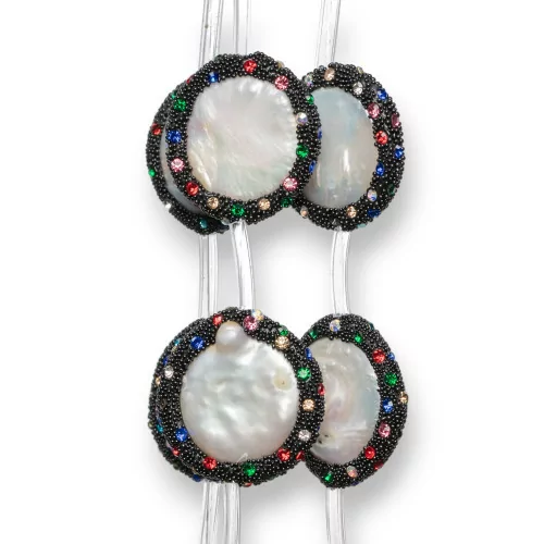 Perline A Filo Connettore Di Perle Di Fiume Tondo Piatto 25mm Bordato Con Strass Multicolor 10pz-PERLINE CON MARCASITE STRASS | Worldofjewel.com