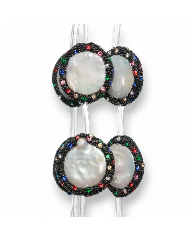 Perline A Filo Connettore Di Perle Di Fiume Tondo Piatto 25mm Bordato Con Strass Multicolor 10pz-PERLINE CON MARCASITE STRASS | Worldofjewel.com