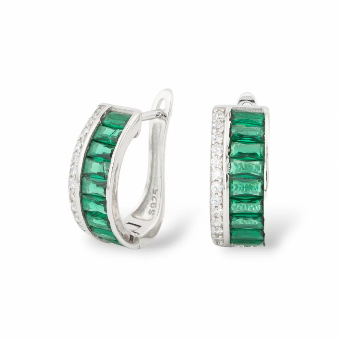 Orecchini Perno Chiuso Di Argento 925 Con Zirconi Micropave' 6,5x15,5mm 1 Paio Rodiato Verde Smeraldo-ARGENTO 925 DESIGN ITALY | Worldofjewel.com