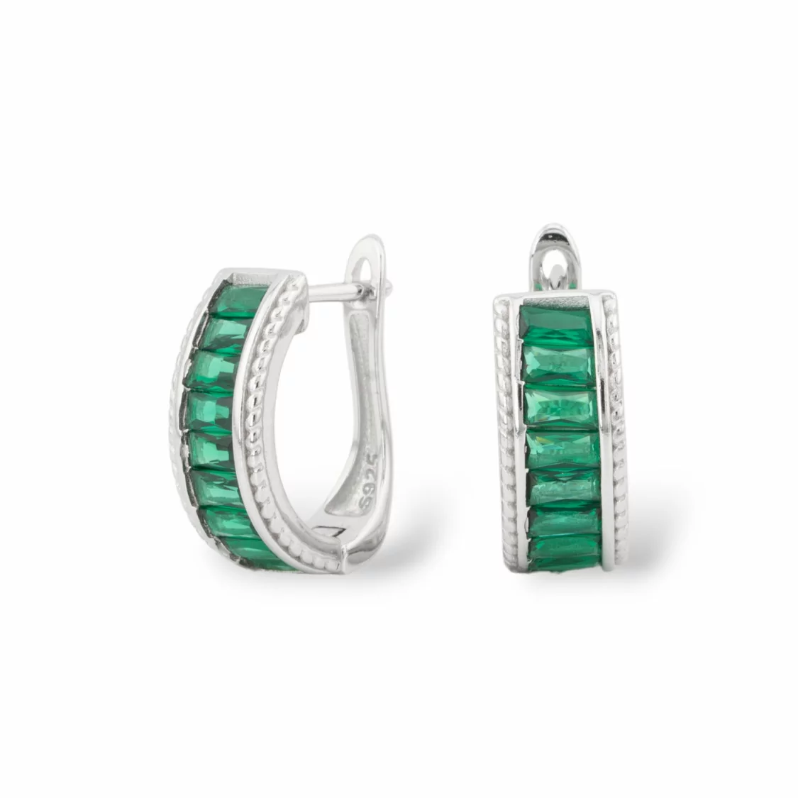 Orecchini Perno Chiuso Di Argento 925 Con Zirconi Micropave' 6,5x16mm 1 Paio Rodiato Verde Smeraldo-ARGENTO 925 DESIGN ITALY | Worldofjewel.com