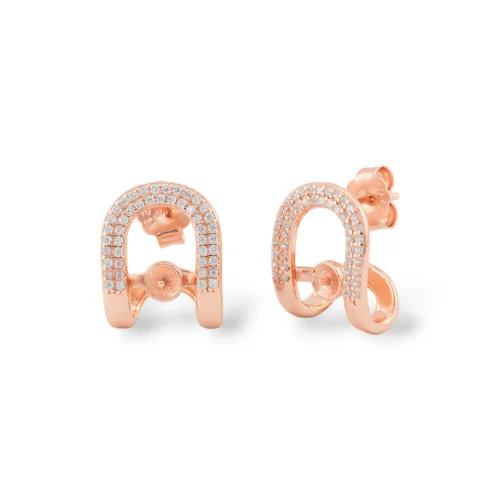 Base Per Orecchini A Perno Di Argento 925 Fantasia Con Zirconi 12,5x16mm Con Coppetta Per Perle 1 Coppia Oro Rosa