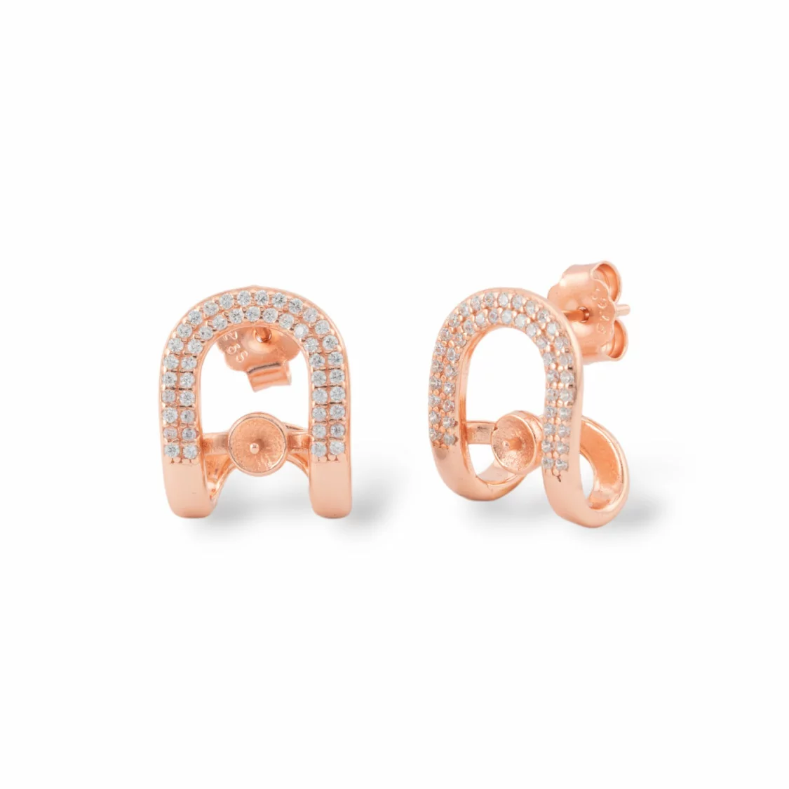 Base Per Orecchini A Perno Di Argento 925 Fantasia Con Zirconi 12,5x16mm Con Coppetta Per Perle 1 Coppia Oro Rosa-BASI DI ARGENTO 925 | Worldofjewel.com