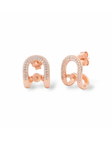 Base Per Orecchini A Perno Di Argento 925 Fantasia Con Zirconi 12,5x16mm Con Coppetta Per Perle 1 Coppia Oro Rosa-BASI DI ARGENTO 925 | Worldofjewel.com