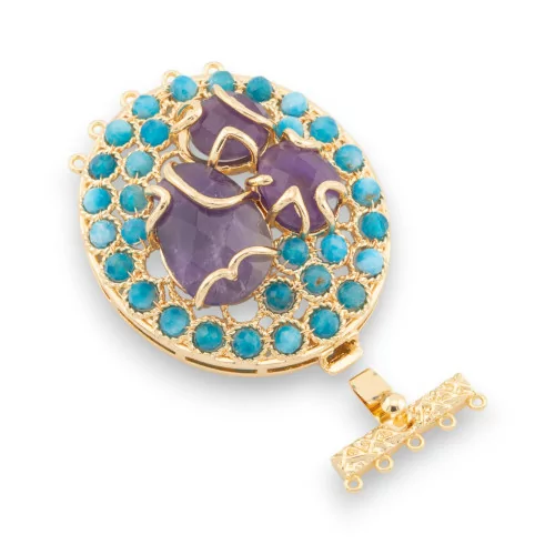 Bronze Clasp With Beads Knitted On Filigree 37x52mm 5 Rows 2pcs Gold Plated Amethyst And Apatite