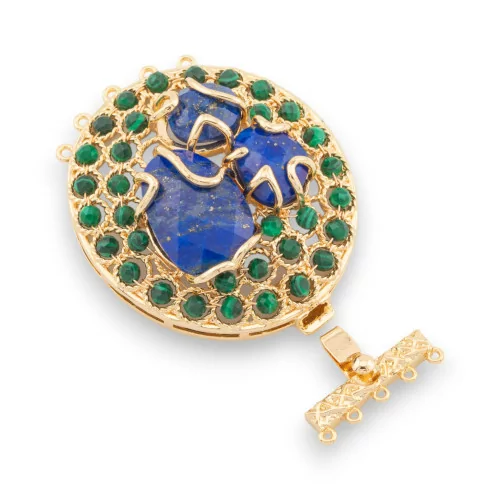 Bronze Clasp With Beads Knitted On Filigree 37x52mm 5 Rows 2pcs Gold Lapis Lazuli And Malachite Paste