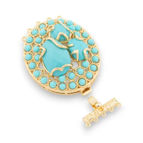 Bronze Clasp With Beads Knitted On Filigree 37x52mm 5 Rows 2pcs Gold Turquoise Paste