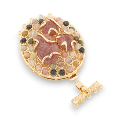 Bronze Clasp With Beads Knitted On Filigree 37x52mm 5 Rows 2pcs Golden Strawberry Quartz and Tourmaline