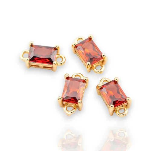 Bronze Connector Component With CZ Crystals Faceted Rectangle 6x12mm 22pcs With 2 Jump Rings Golden Red Garnet