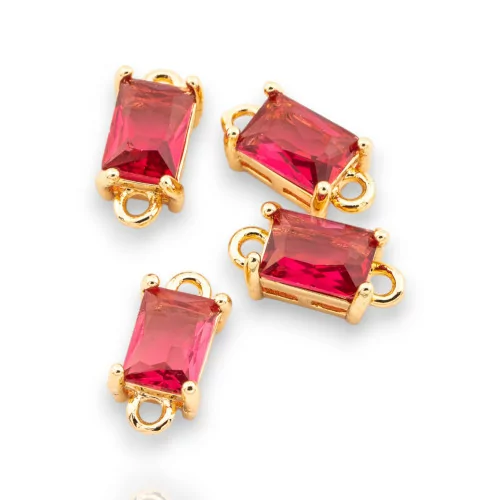 Bronze Connector Component With CZ Crystals Faceted Rectangle 6x12mm 22pcs With 2 Jump Rings Golden Ruby