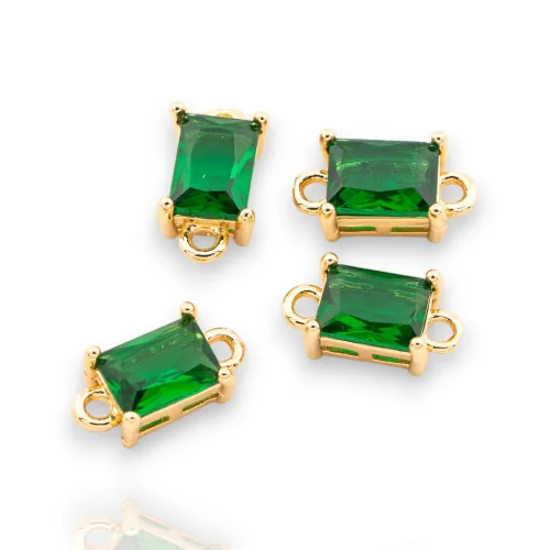 Bronze Connector Component With CZ Crystals Faceted Rectangle 6x12mm 22pcs With 2 Jump Rings Golden Emerald Green