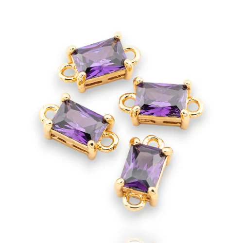 Bronze Connector Component With CZ Crystals Faceted Rectangle 6x12mm 22pcs With 2 Jump Rings Golden Purple