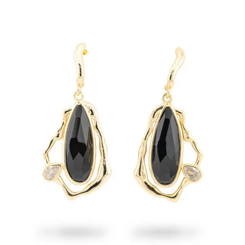 Pendientes de palanca de bronce con cabujón de cristal CZ dorado negro