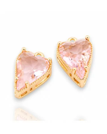 Componente Pendente Di Bronzo Con Cristalli CZ Cuore Sfaccettato 9x13mm 18pz Con 1 Anellino Dorato Rosa- RETTANGOLO | Worldofjewel.com