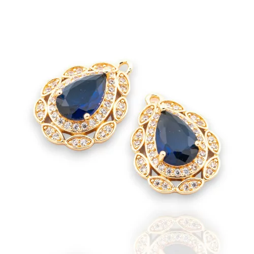 Bronze Pendant Component With CZ Crystals Faceted Drop Zircon 17x23mm 8pcs With 1 Blue Golden Jump Ring