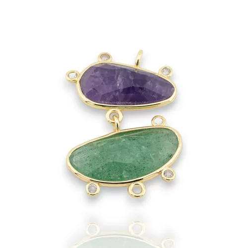 Connector Brass Component Gemstones 24x35mm 3pcs Gold Amethyst + Green Aventurine