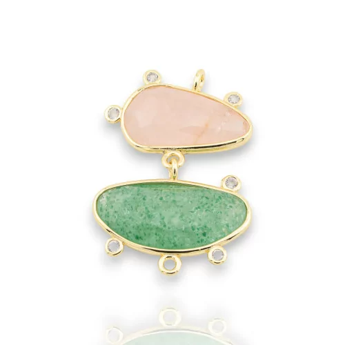 Connector Brass Component Hard Stones 24x35mm 3pcs Gold Plated Rose Quartz + Green Aventurine