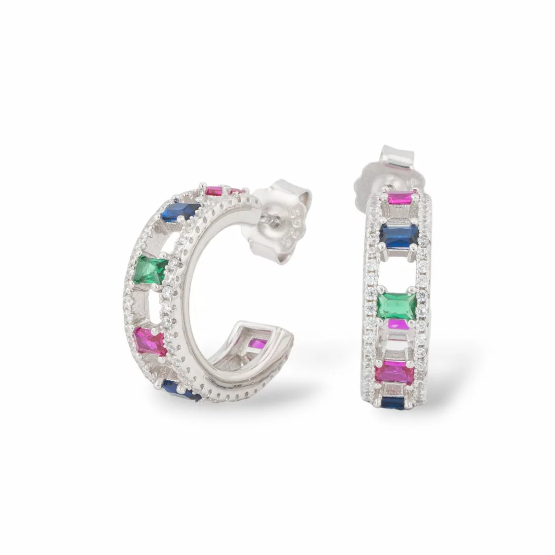 Orecchini Perno Di Argento 925 Con Zirconi Micropave' 5,5x18mm 1 Paio Rodiato Multicolor-ARGENTO 925 DESIGN ITALY | Worldofjewel.com