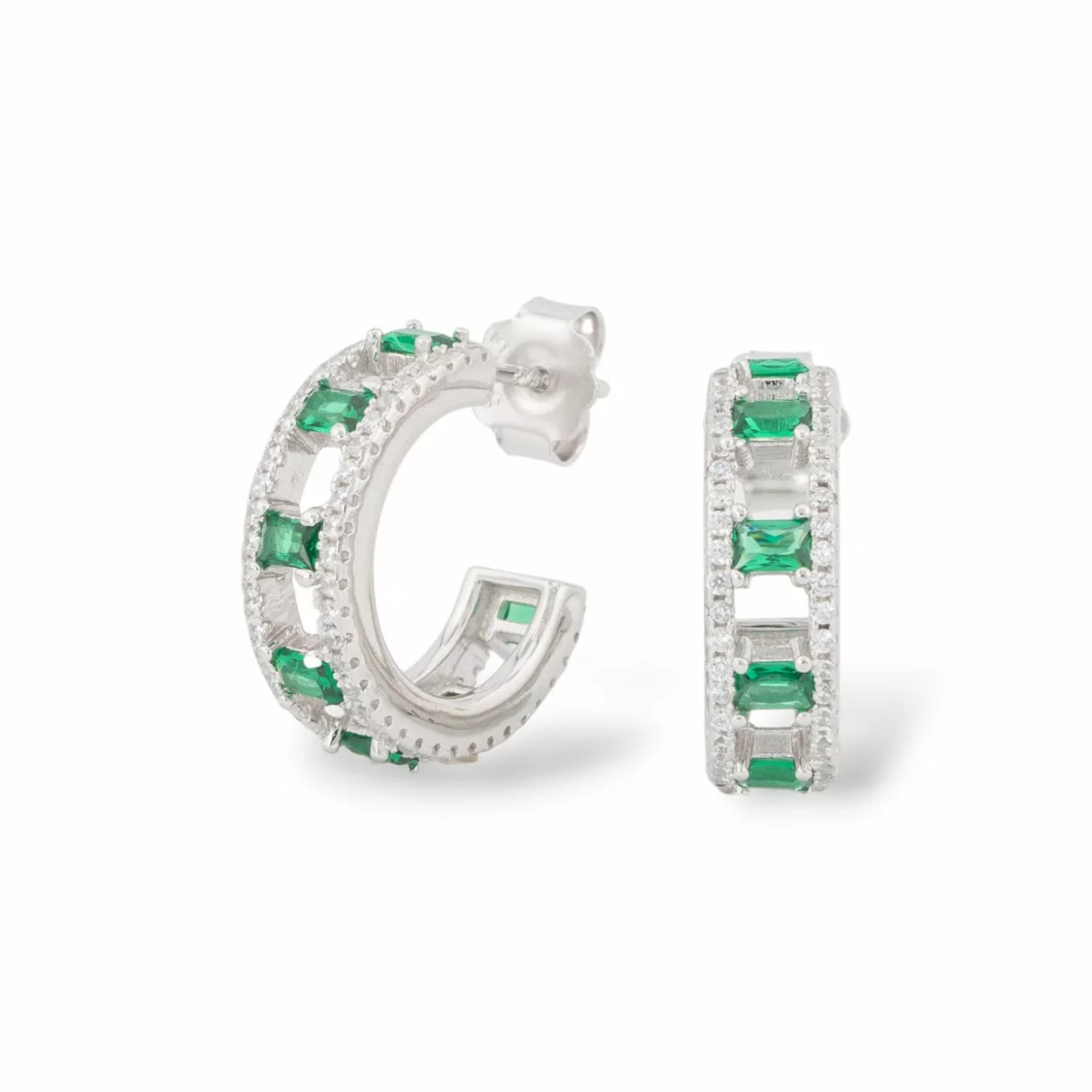 Orecchini Perno Di Argento 925 Con Zirconi Micropave' 5,5x18mm 1 Paio Rodiato Verde Smeraldo-ARGENTO 925 DESIGN ITALY | Worldofjewel.com