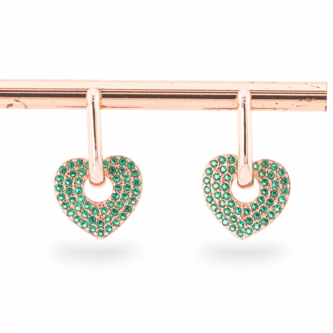 Orecchini Perno Chiuso Di Argento 925 Con Zirconi Micropave' Con Cuore 12x20mm 1 Coppia Oro Rosa Verde-ARGENTO 925 DESIGN ITALY | Worldofjewel.com