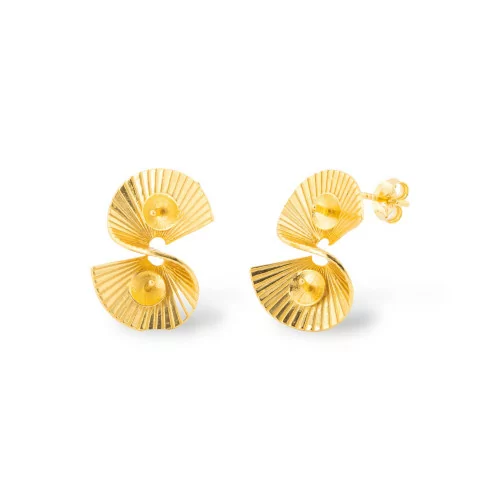 925 Silver Double Fan Stud Earring Base With Pearl Cups 12x17.5mm 1 Pair Gold