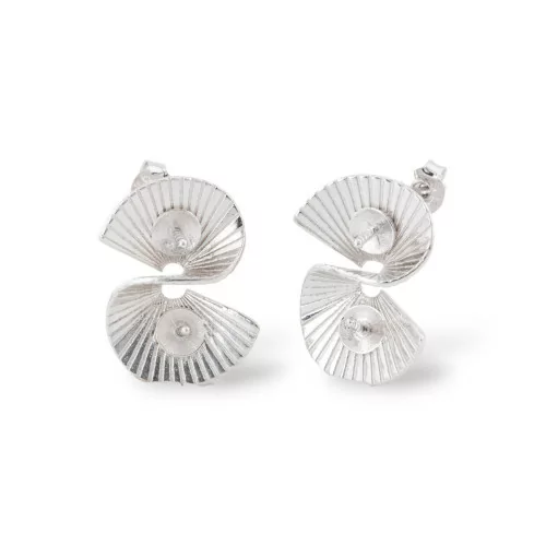 925 Silver Double Fan Stud Earring Base With Pearl Cups 12x17.5mm 1 Pair Rhodium Plated