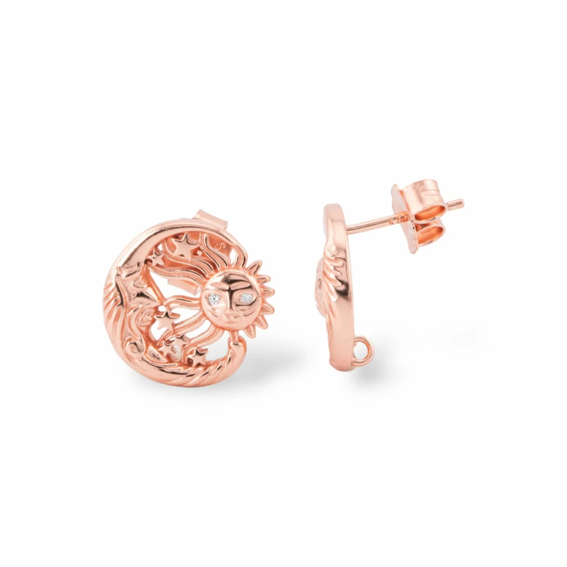 Base Per Orecchini A Perno Di Argento 925 Sole e Luna 13,5mm 2 Coppie Oro Rosa-BASI DI ARGENTO 925 | Worldofjewel.com