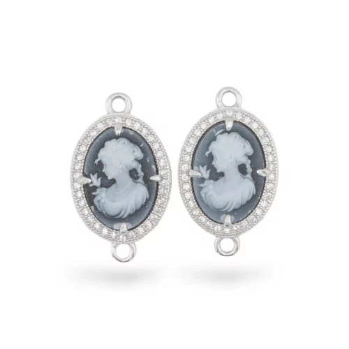 925 Silver Connector Component Natural Agate Cameo χαραγμένο στο χέρι MADE IN ITALY 14x18mm 2τμχ Μαύρο MOD9