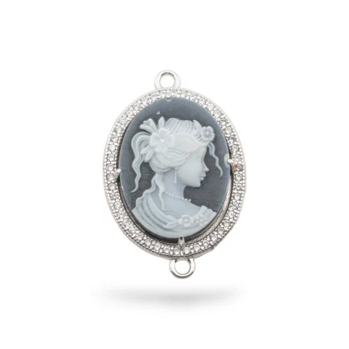 Εξάρτημα σύνδεσης από 925 Silver Natural Agate Cameo χαραγμένο στο χέρι MADE IN ITALY 20x25mm 1pc Μαύρο MOD14