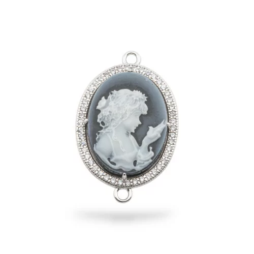 Εξάρτημα σύνδεσης από 925 Silver Natural Agate Cameo χαραγμένο στο χέρι MADE IN ITALY 20x25mm 1pc Μαύρο MOD16