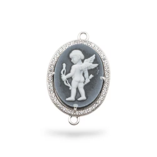 Εξάρτημα σύνδεσης από 925 Silver Natural Agate Cameo χαραγμένο στο χέρι MADE IN ITALY 20x25mm 1pc Μαύρο MOD18