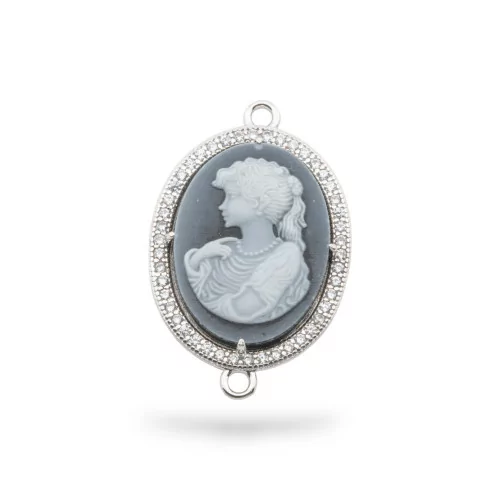 Εξάρτημα σύνδεσης από 925 Silver Natural Agate Cameo χαραγμένο στο χέρι MADE IN ITALY 20x25mm 1pc Μαύρο MOD21